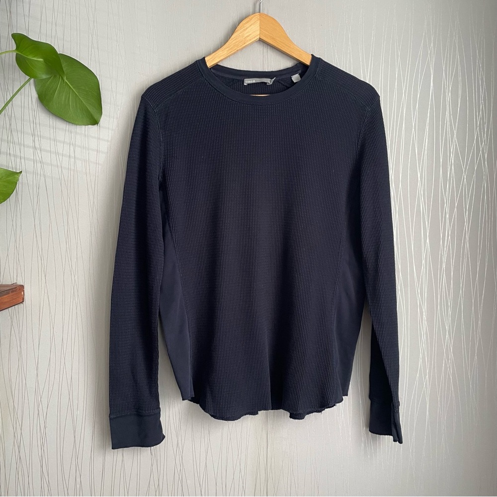 Vince Waffle Knit Thermal Top Navy Blue Pima Cotton Long Sleeve Women’s Small